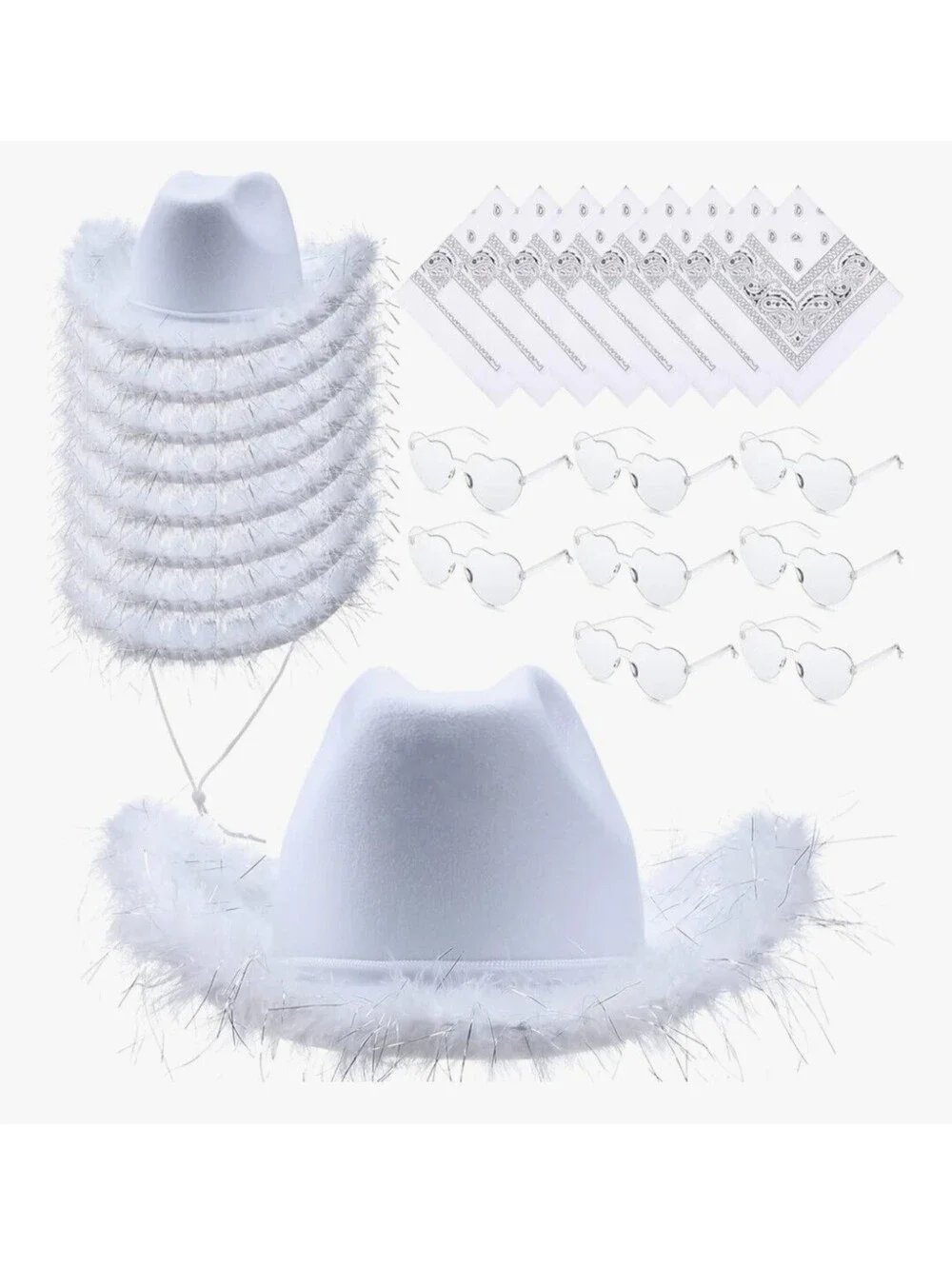 Feather Cowgirl Hat with Paisley Bandana & Heart Glasses 1-Set White